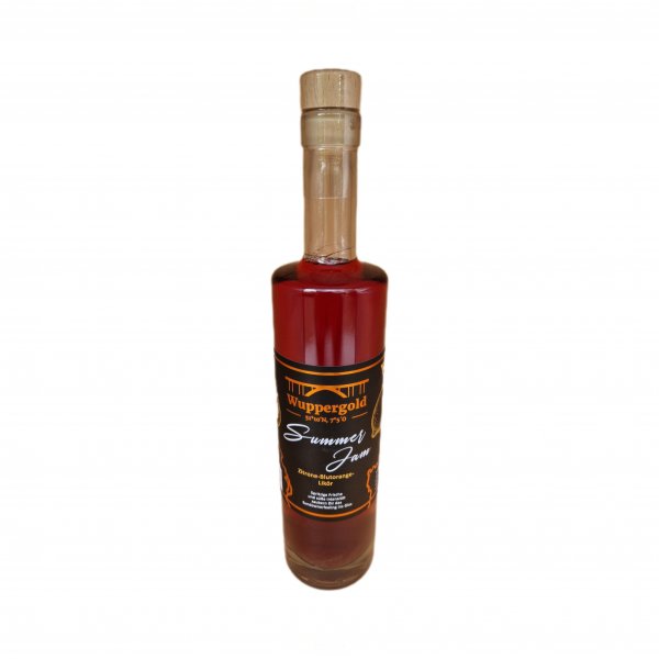 eine Flasche Zitrone-Blutorange Likör von oben/vorne